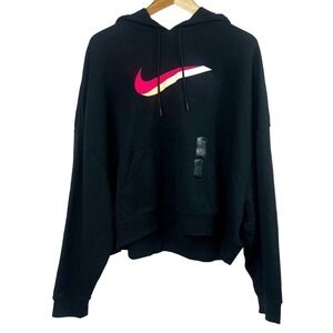 Nike Black Icon Clash Cropped Black Hoodie Sweatshirt Fluoro Pink XL
